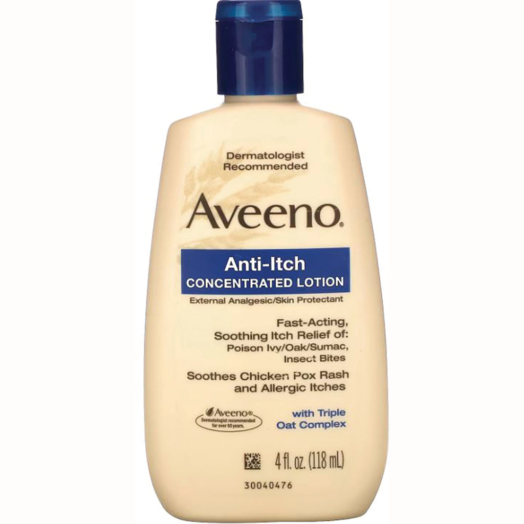 JNJ002 | Aveeno Anti-Itch Concentrated Lotion 4 fl oz bottle with blue cap and front label showing Anti-Itch and product benefits - Thumbnail