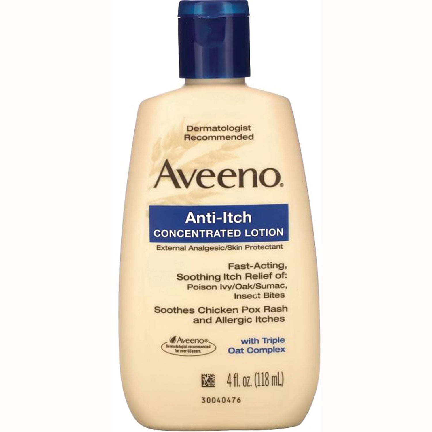 JNJ002 | Aveeno Anti-Itch Concentrated Lotion 4 fl oz bottle with blue cap and front label showing Anti-Itch and product benefits