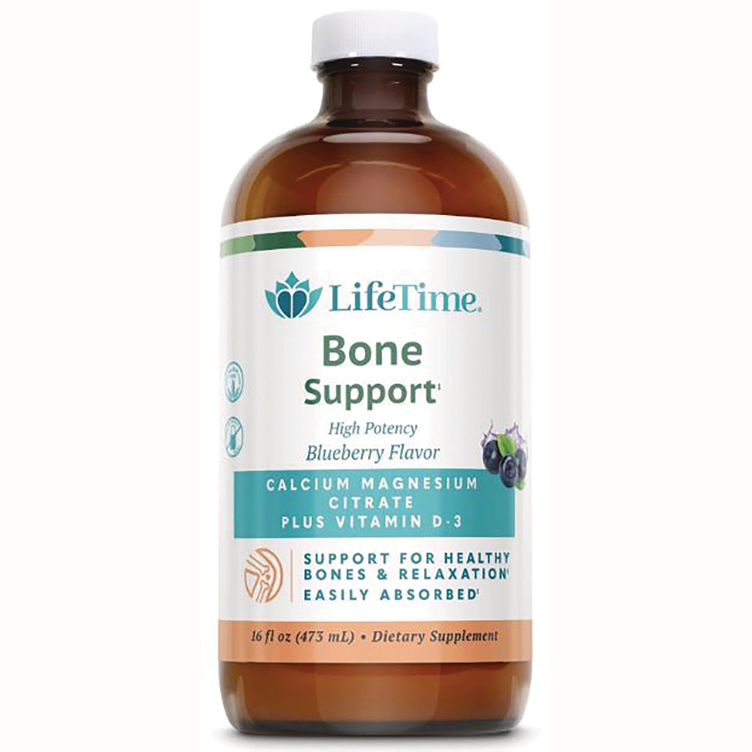 LFT004 | LifeTime Bone Support liquid supplement bottle, blueberry flavor, 16 fl oz, calcium magnesium citrate plus vitamin D-3