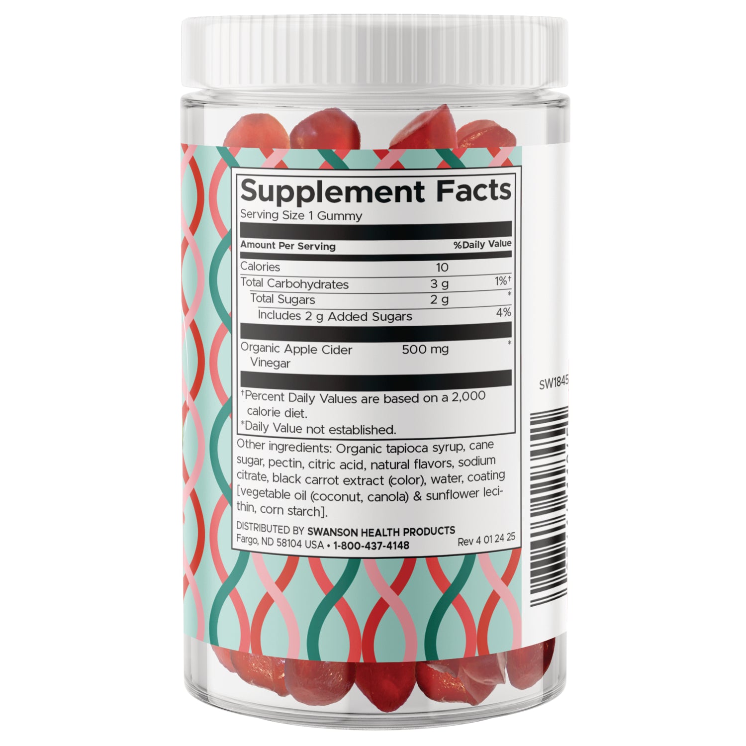 SW1845 | Back label with Supplement Facts for organic apple cider vinegar gummies, 500 mg per serving