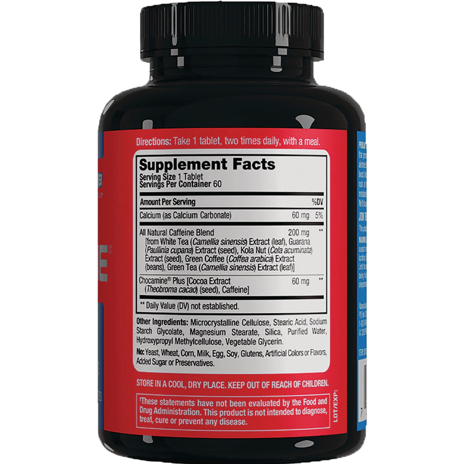 Supplement Facts panel on red supplement bottle back showing serving size, ingredients and directions
