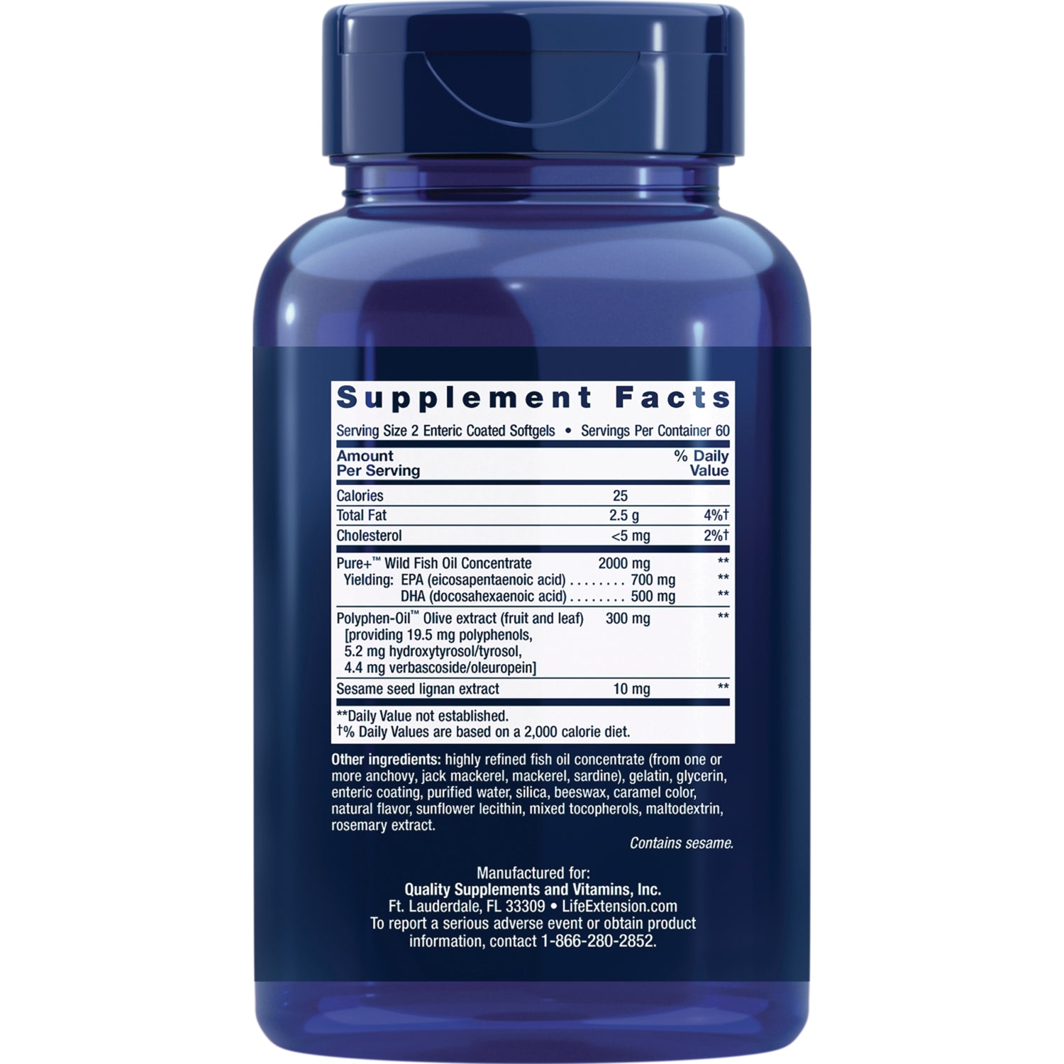 LE312 | back of blue supplement bottle showing Supplement Facts panel and ingredients label