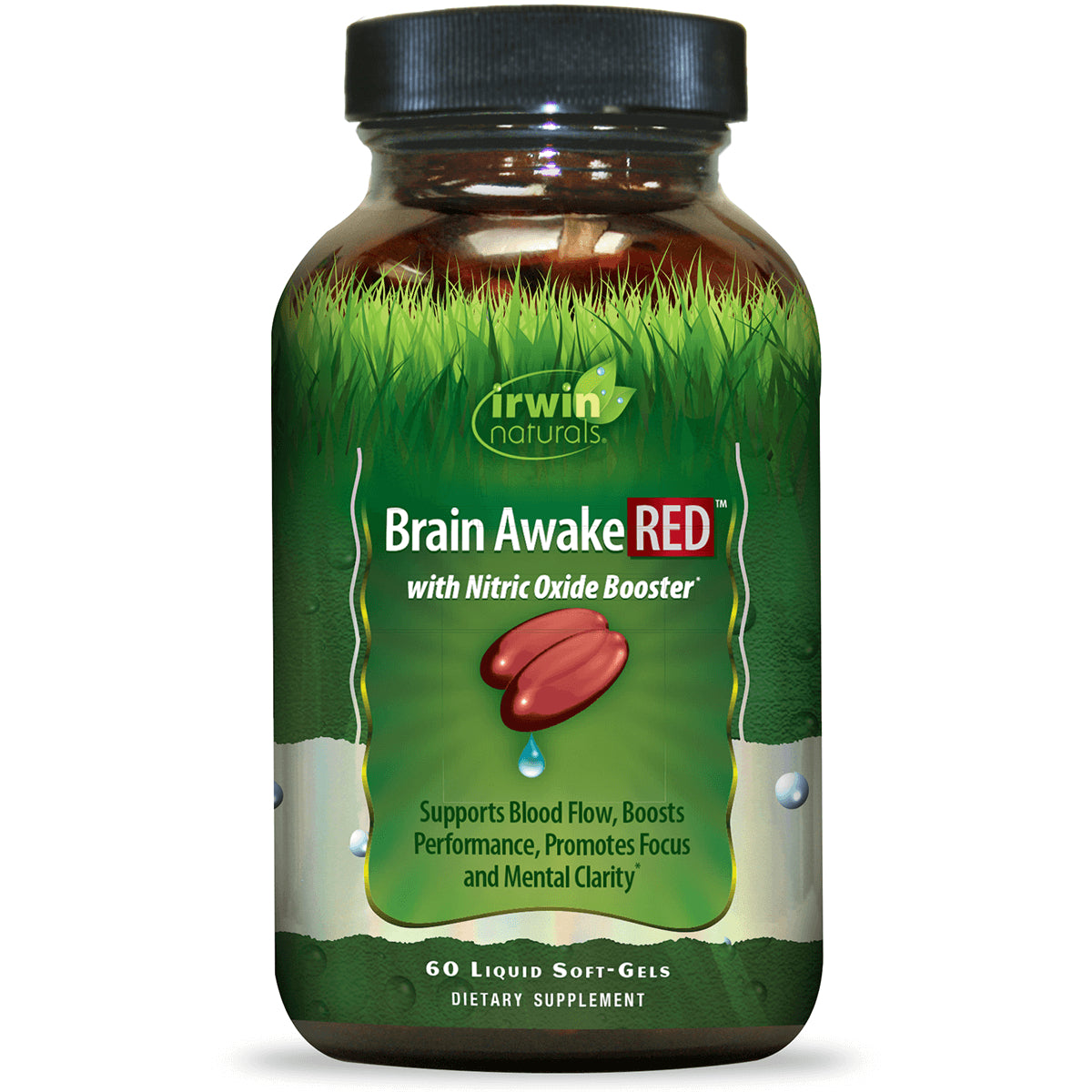 IR143 | Irwin Naturals Brain Awake RED bottle front with Nitric Oxide Booster label, 60 liquid soft-gels