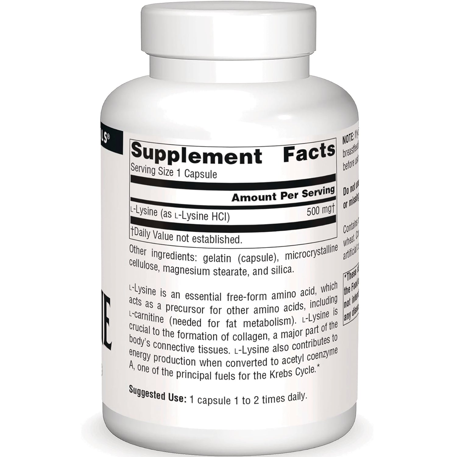 SN533 | Back label with Supplement Facts: Serving Size 1 Capsule, L-Lysine (as L-Lysine HCl) 500 mg