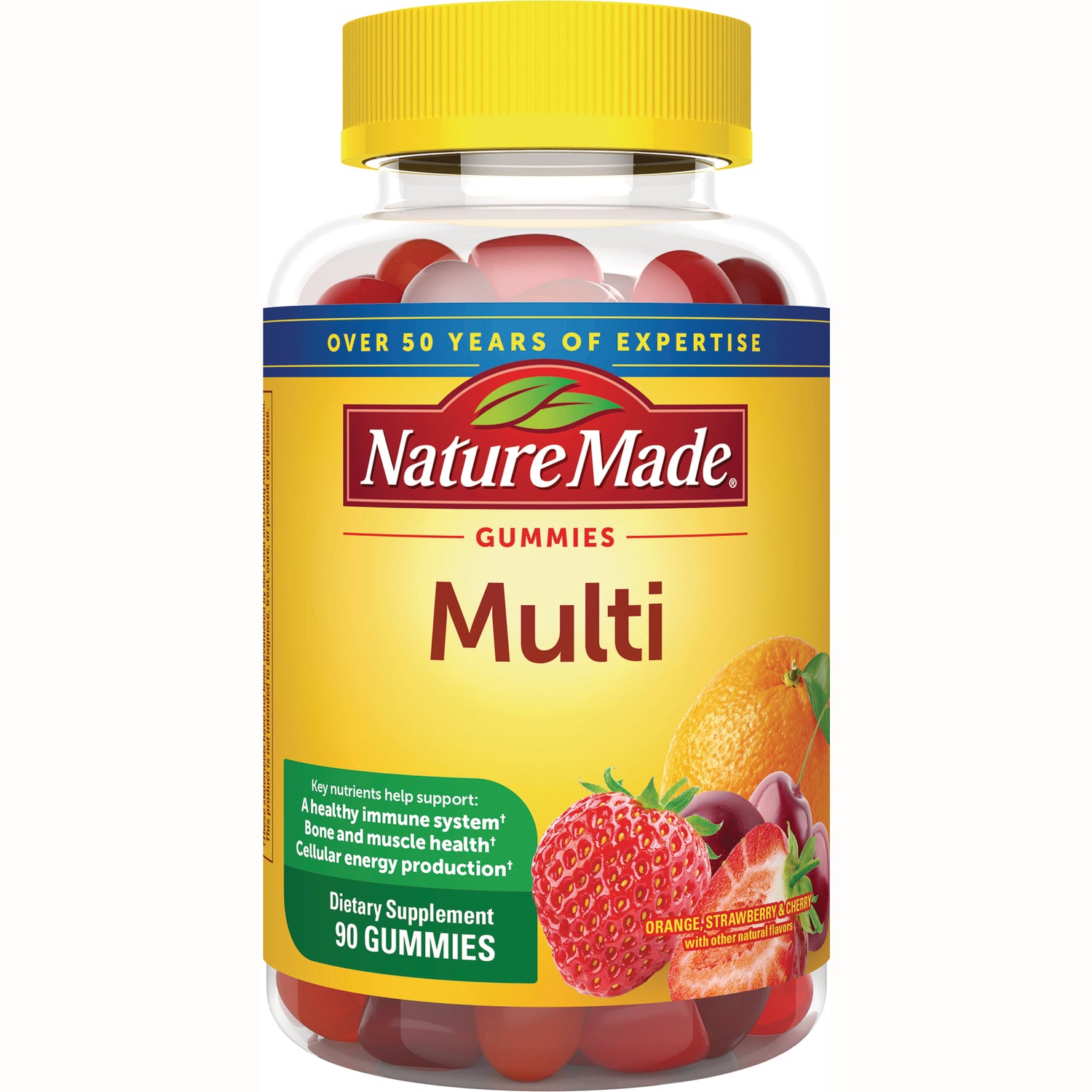 NTM169 | NatureMade Multi gummy vitamin bottle with strawberry and orange illustration, 90 gummies