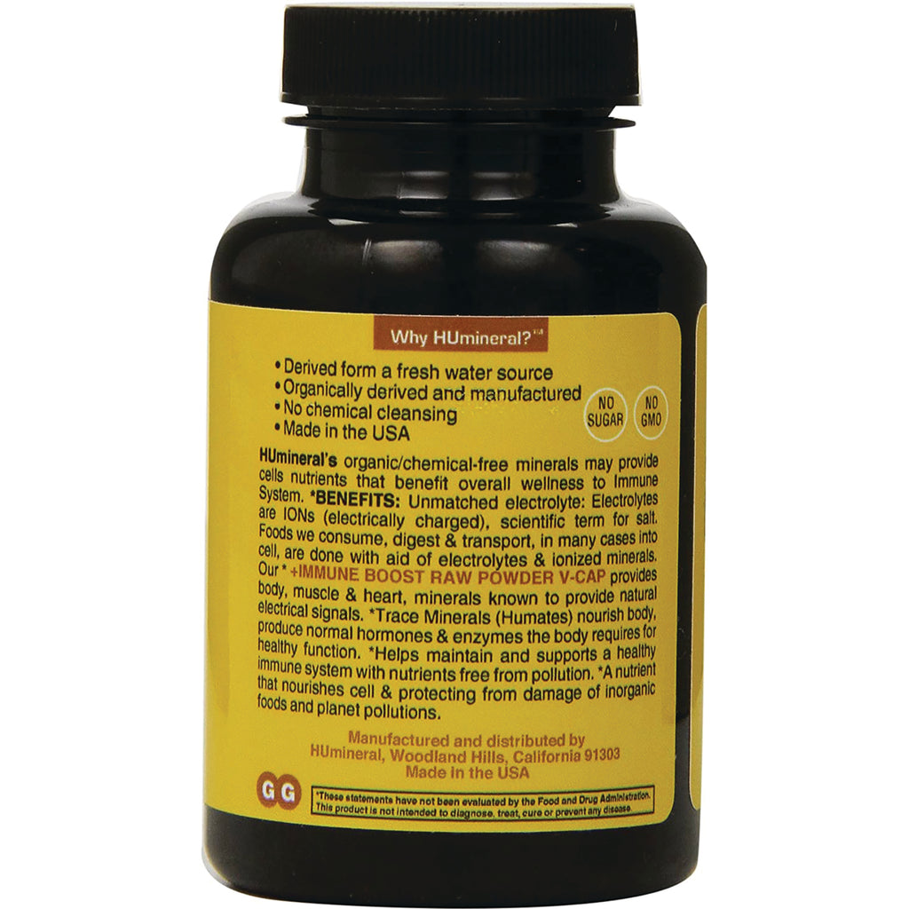 HMN003 | back label of black supplement bottle showing bullet points: Why HUmineral?, Derived from a fresh water source, Made in the USA, No Sugar No GMO - Thumbnail