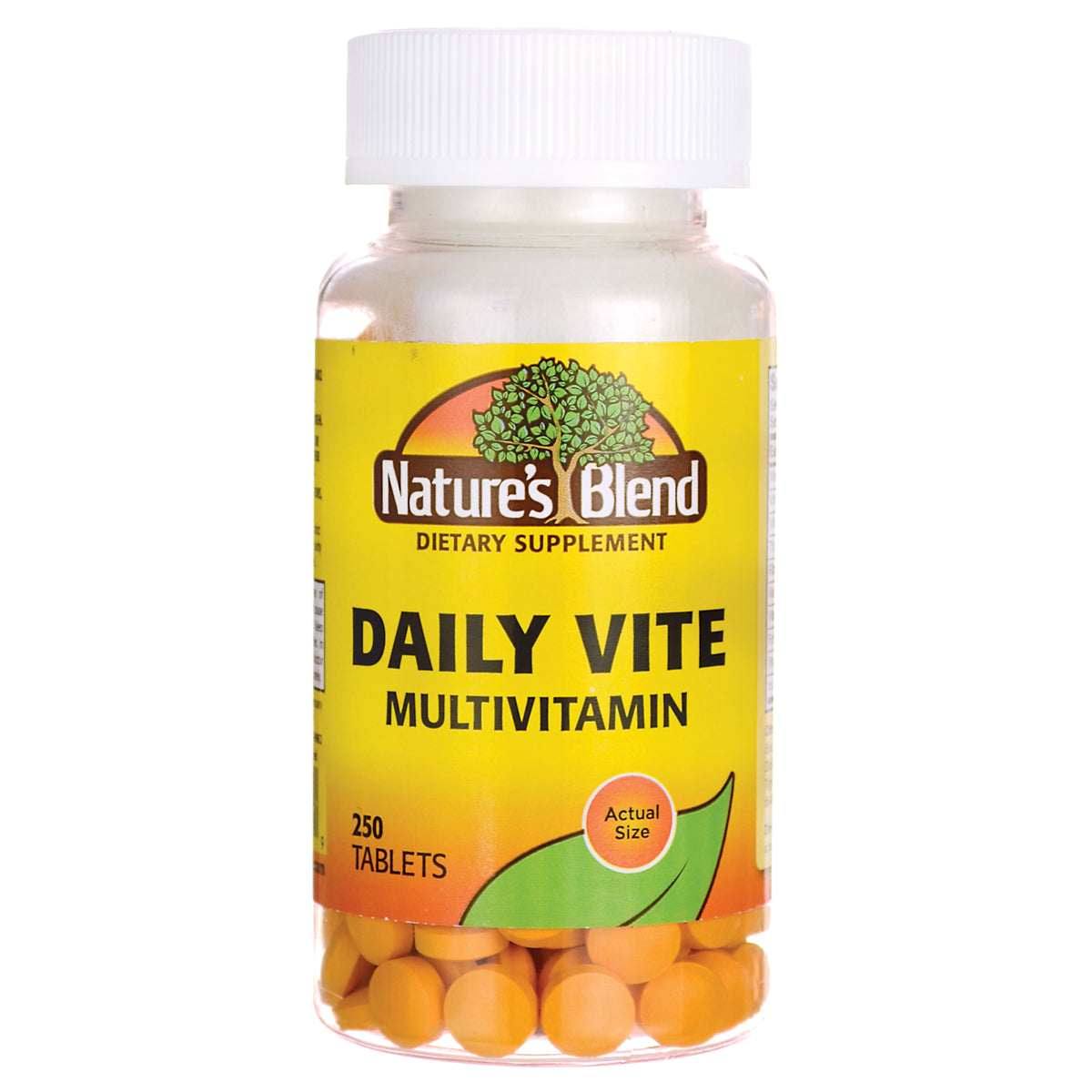 NAB088 | Nature's Blend Daily Vite multivitamin bottle, 250 tablets, clear bottle showing orange tablets