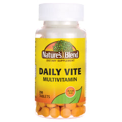 NAB088 | Nature's Blend Daily Vite multivitamin bottle, 250 tablets, clear bottle showing orange tablets