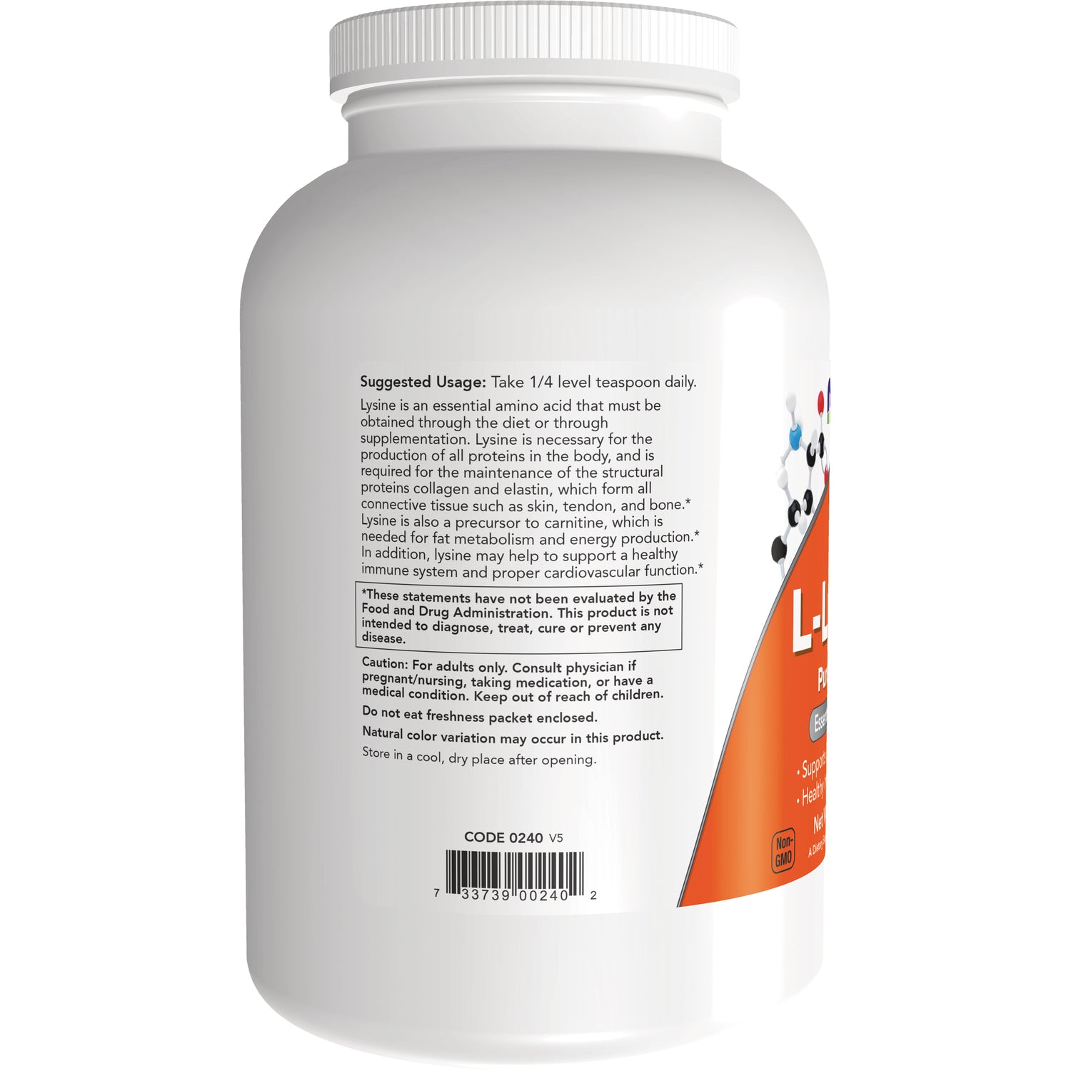 NWF252 | Back label of white supplement bottle showing suggested usage, warnings, and barcode