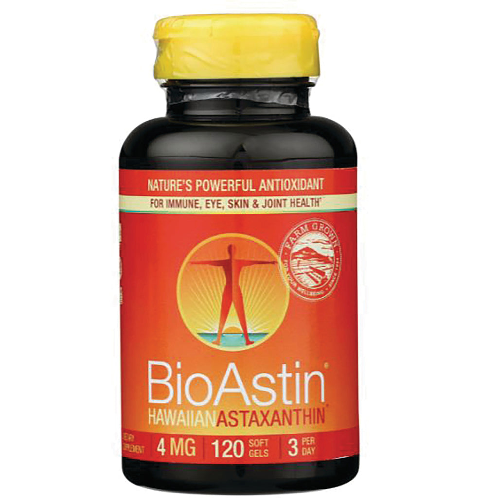 NUT006 | Front view of BioAstin Hawaiian Astaxanthin bottle with orange label showing 4 MG 120 soft gels - Thumbnail