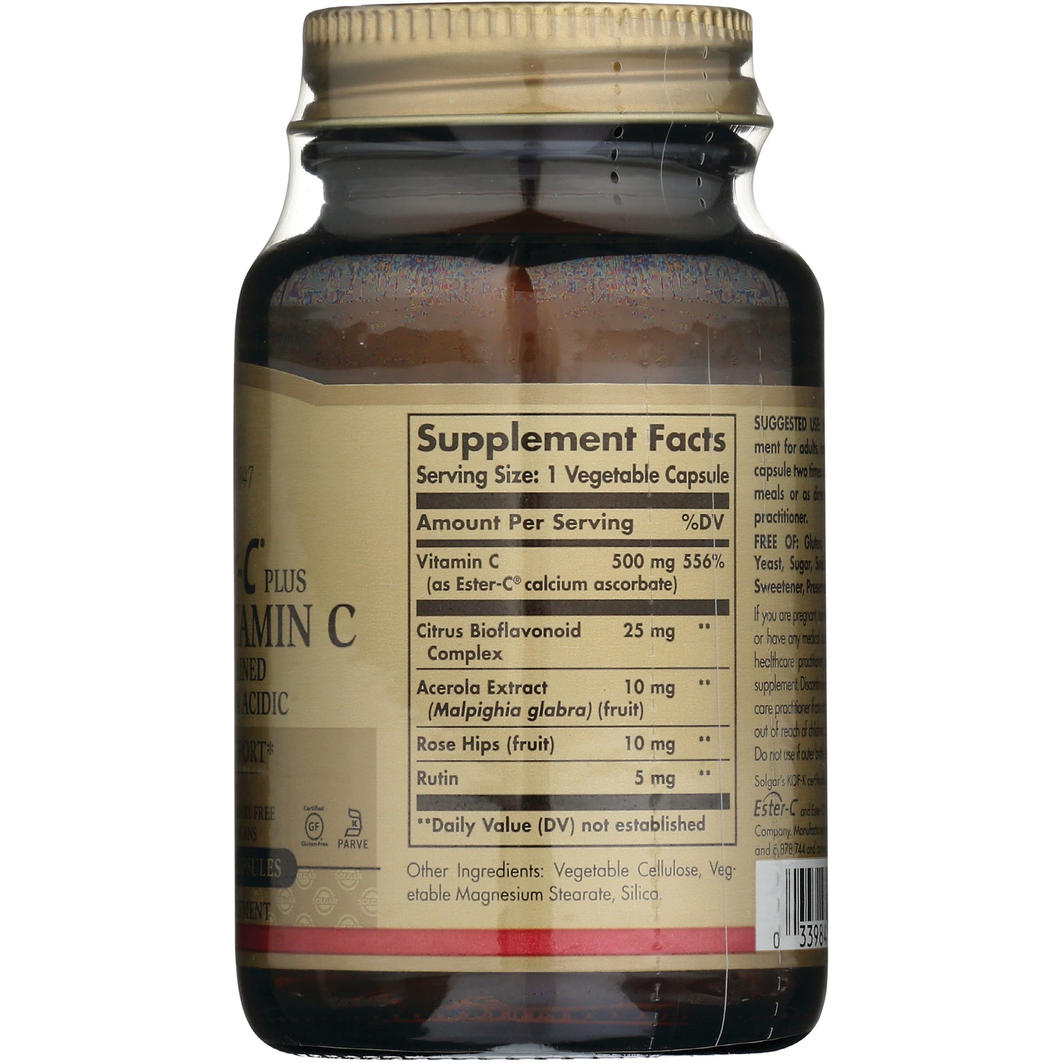 SLG275 | glass supplement bottle back showing Supplement Facts panel listing Vitamin C 500 mg and other ingredients