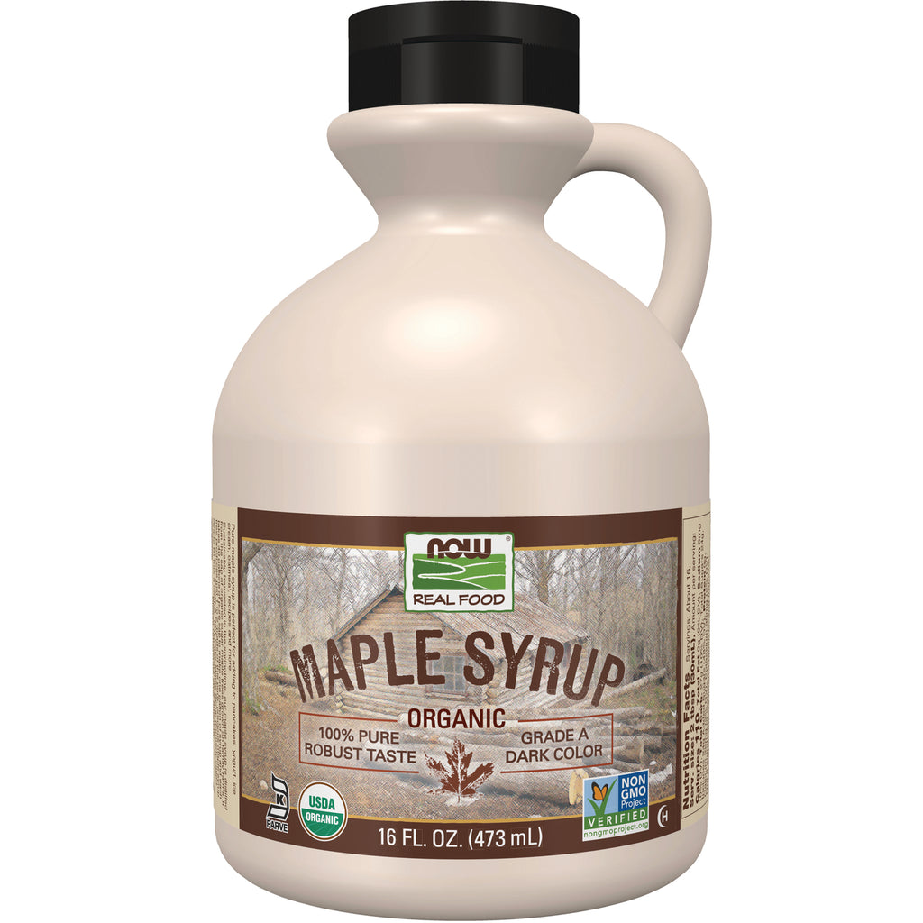NWF081 | Jug of NOW Real Food organic maple syrup 16 fl oz, front label with MAPLE SYRUP and USDA Organic and Non-GMO Verified - Thumbnail