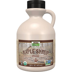 NWF081 | Jug of NOW Real Food organic maple syrup 16 fl oz, front label with MAPLE SYRUP and USDA Organic and Non-GMO Verified