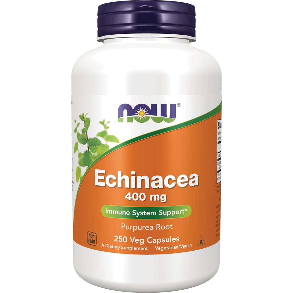 NWF672 | White bottle of NOW Echinacea 400 mg supplement, 250 veg capsules, front label - Thumbnail