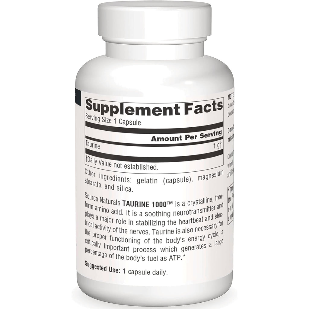 SN803 | Back label with Supplement Facts, Taurine 1 g per capsule, other ingredients, and suggested use - Thumbnail