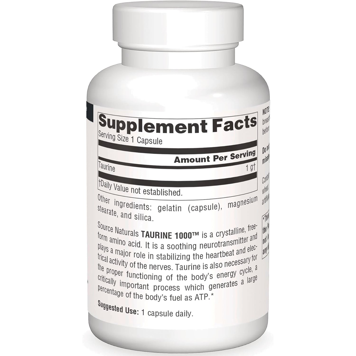 SN803 | Back label with Supplement Facts, Taurine 1 g per capsule, other ingredients, and suggested use