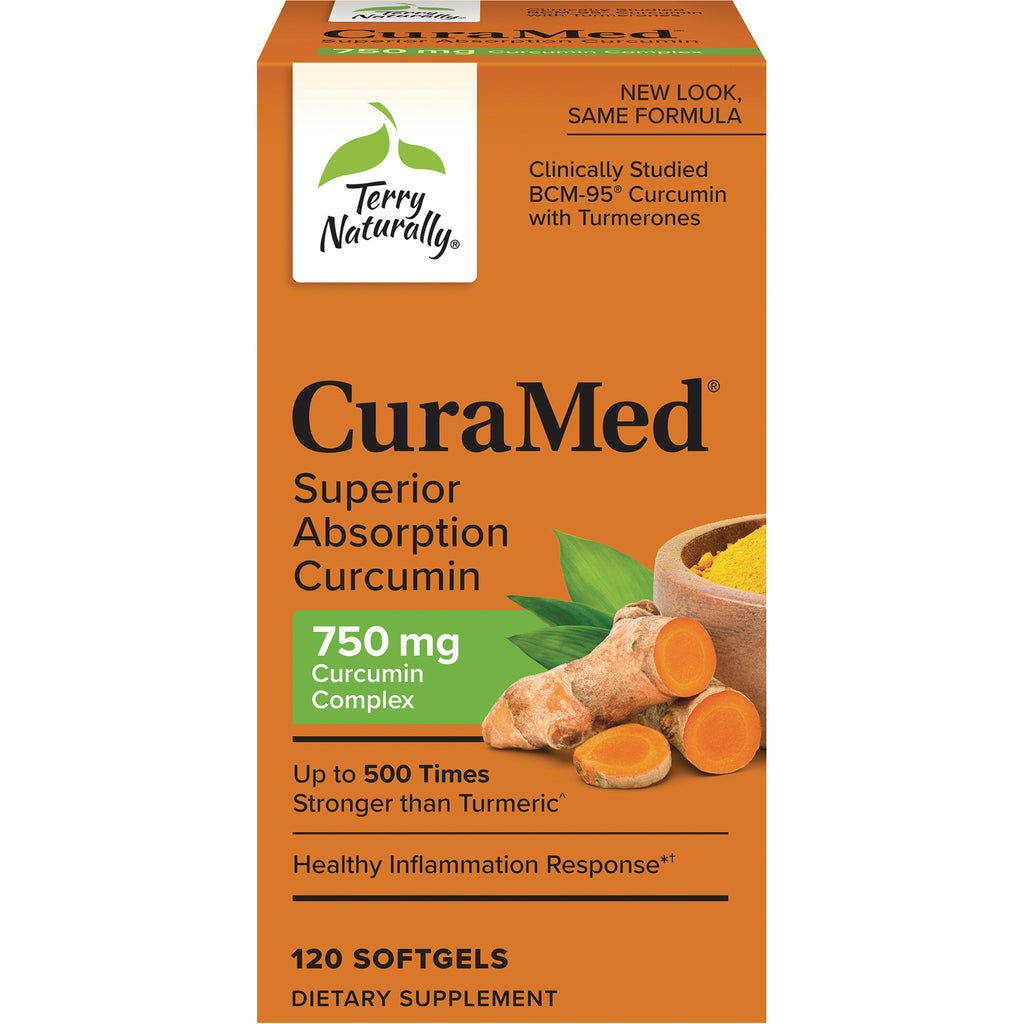 EUR025 | CuraMed Superior Absorption Curcumin 750 mg box with turmeric image and Terry Naturally logo, 120 softgels - Thumbnail