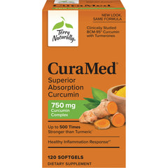 EUR025 | CuraMed Superior Absorption Curcumin 750 mg box with turmeric image and Terry Naturally logo, 120 softgels
