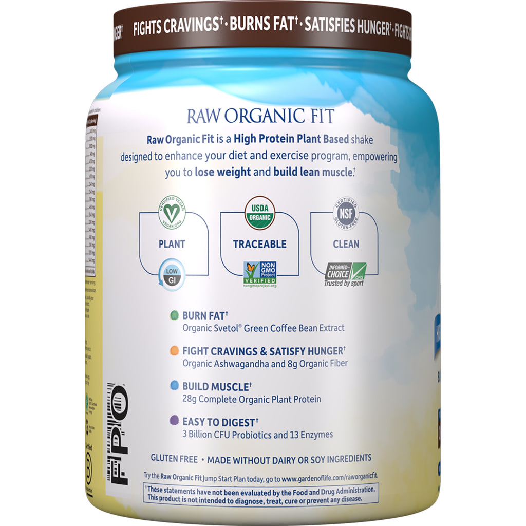 GLF198 | back label of Raw Organic Fit container showing benefits, USDA organic and NSF badges, and nutrition claims - Thumbnail
