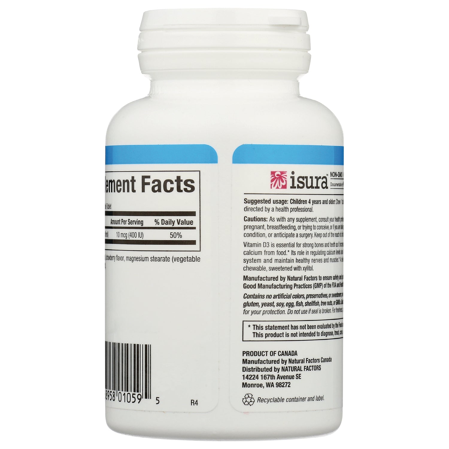 NFC126 | Back of white supplement bottle showing Supplement Facts panel, usage directions, and barcode