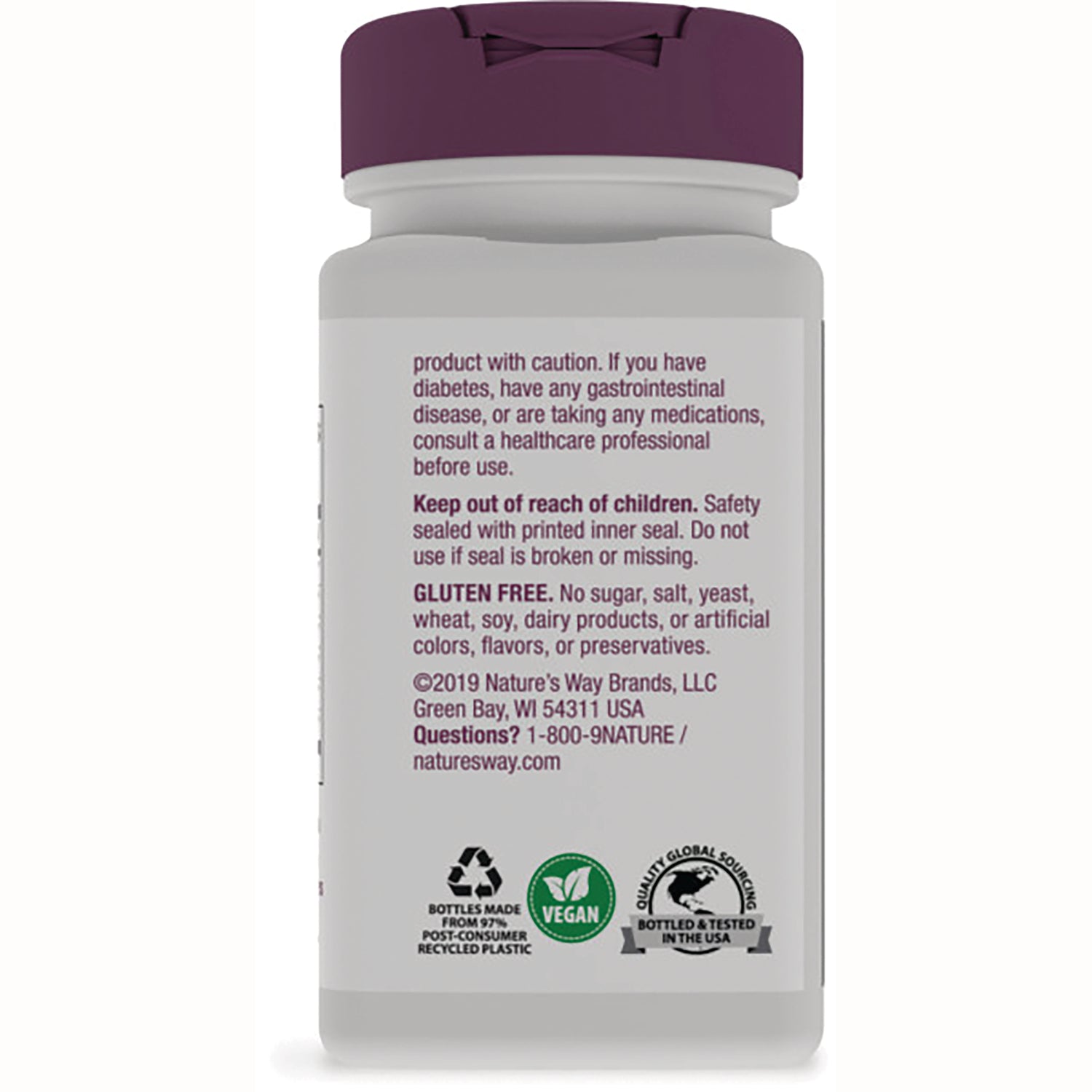 NW951 | back label of white supplement bottle with purple cap showing warnings, gluten free and vegan icons, recycling symbol