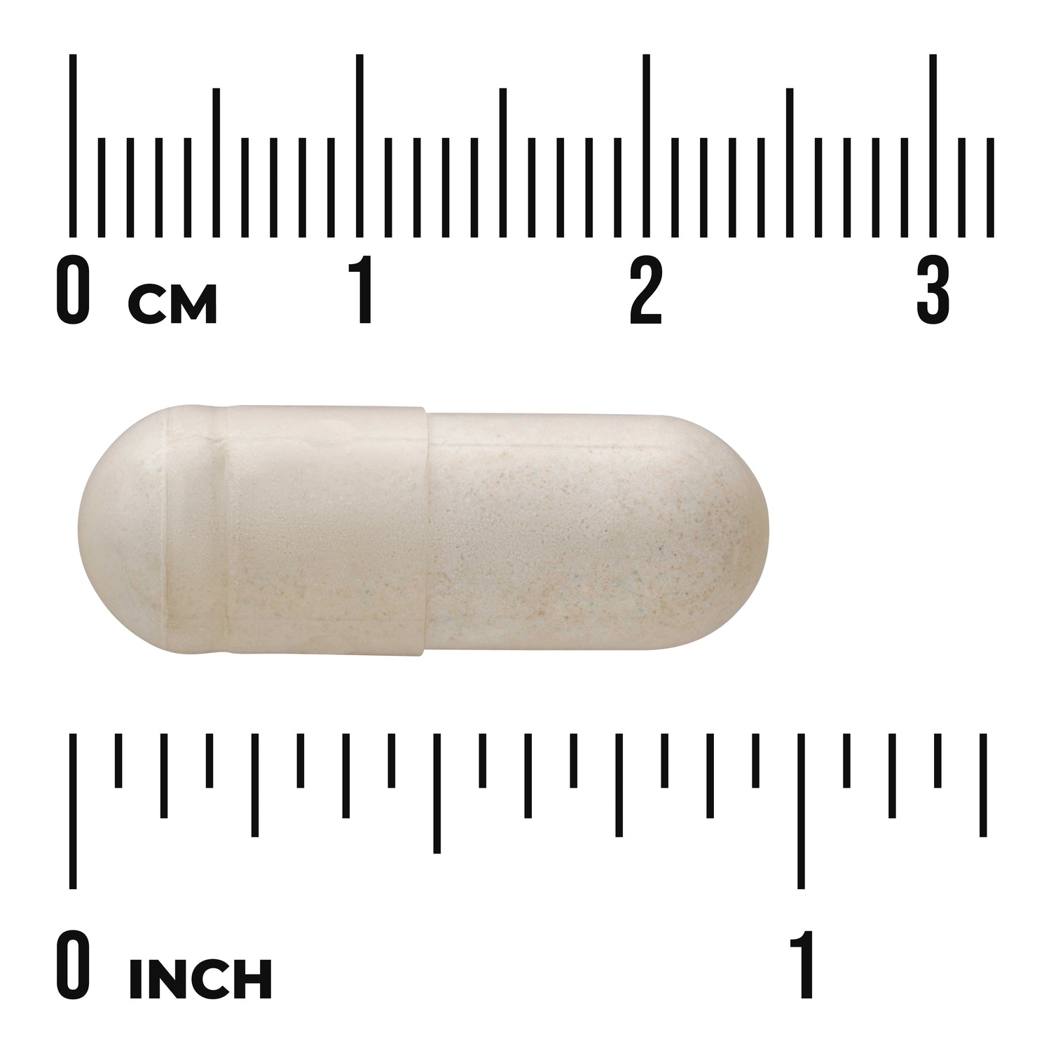 SWC107 | Beige capsule shown with measurement rulers in centimeters and inches to illustrate size