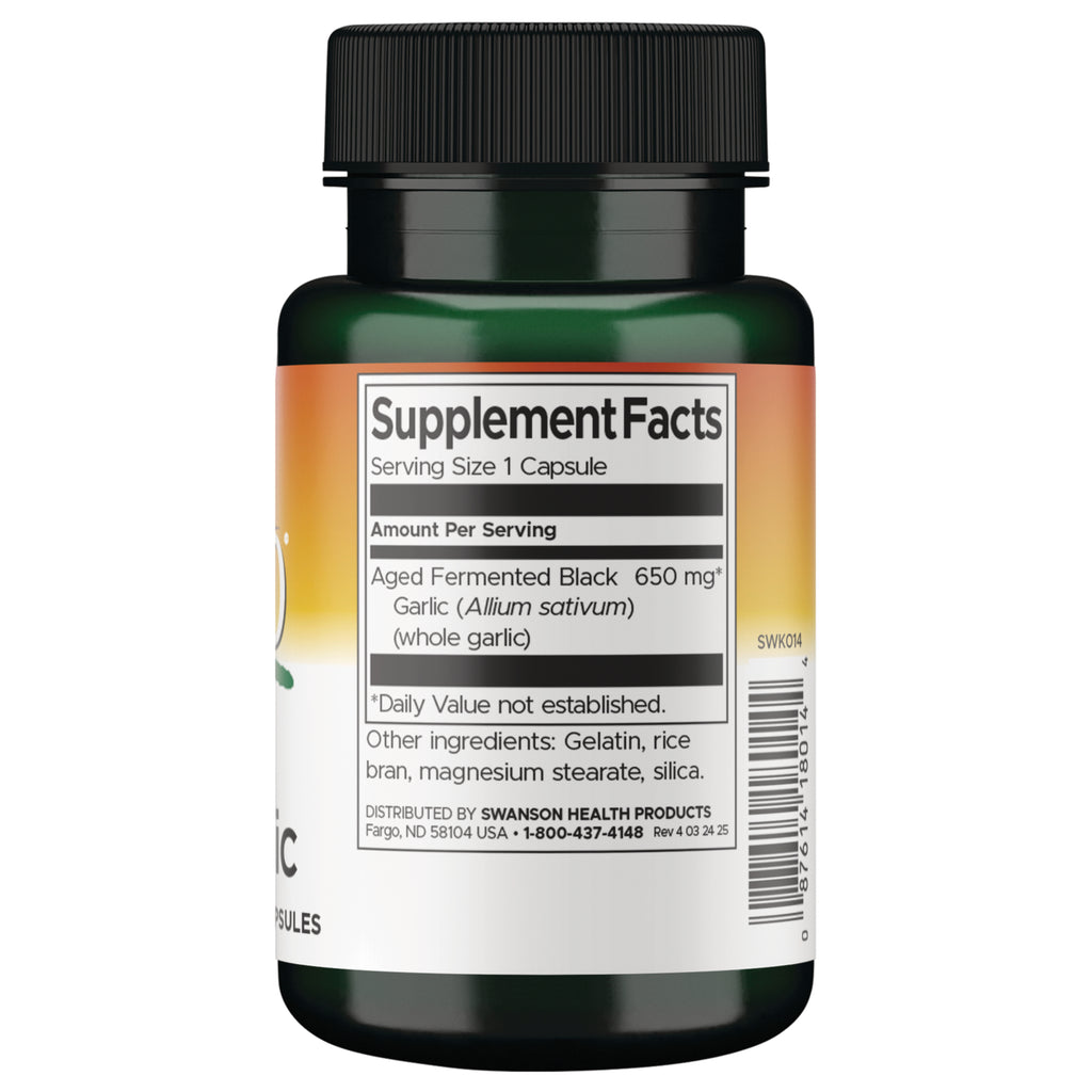 SWK014 | Back label with Supplement Facts for aged fermented black garlic 650 mg; serving size 1 capsule - Thumbnail