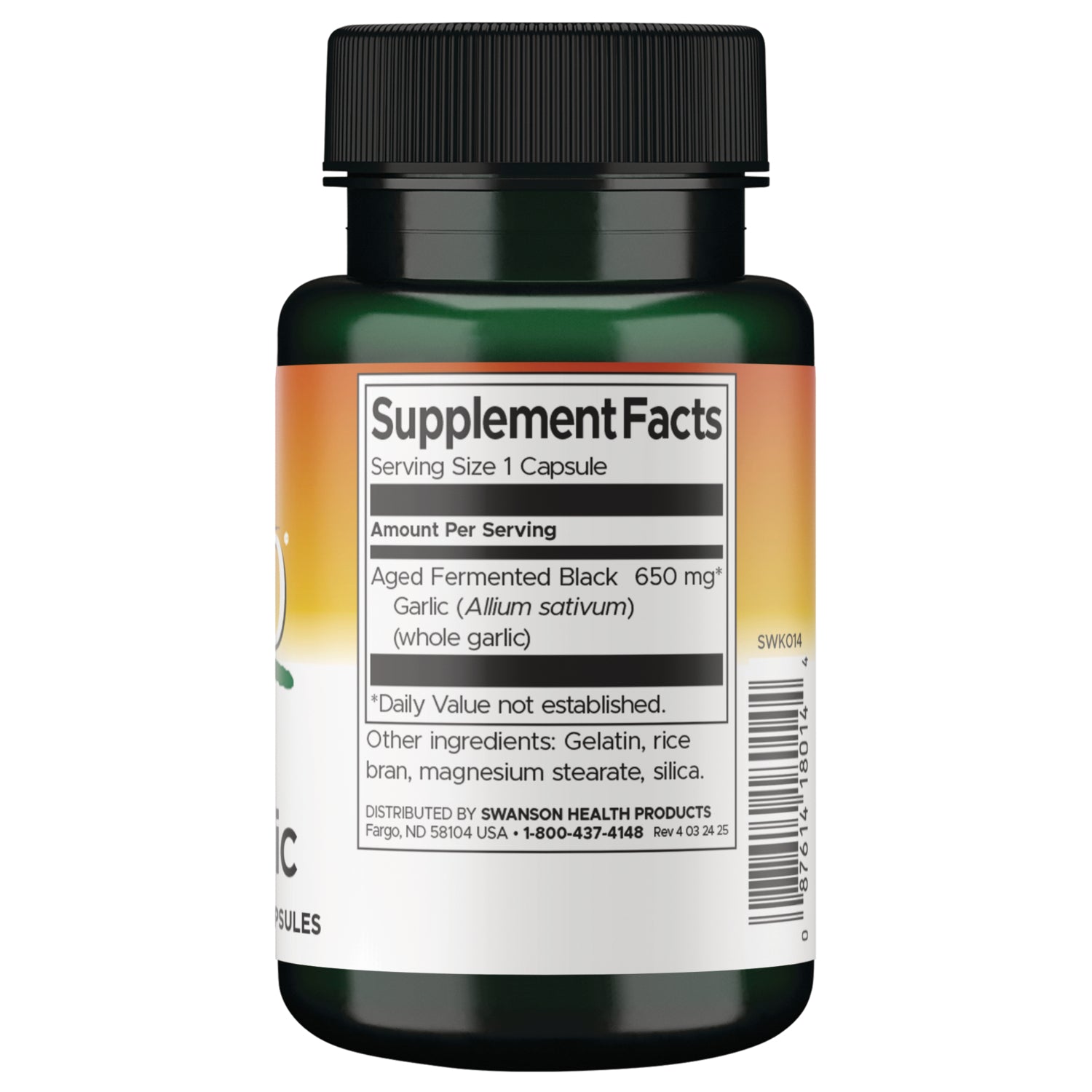 SWK014 | Back label with Supplement Facts for aged fermented black garlic 650 mg; serving size 1 capsule
