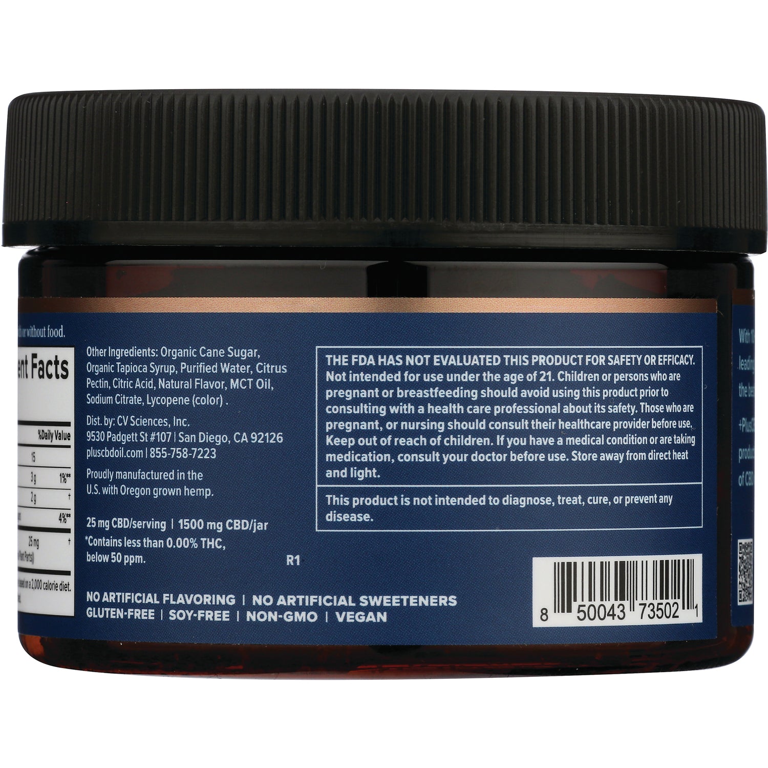 Jar back label showing ingredients, FDA disclaimer, CBD potency information and barcode