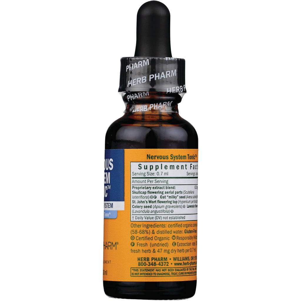 Brown dropper bottle back showing supplement facts panel and ingredients for Nervous System Tonic - Thumbnail