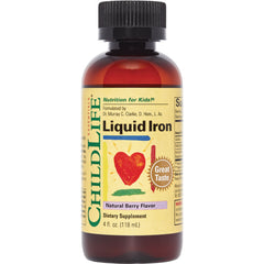 CHL019 | ChildLife Liquid Iron natural berry flavor dietary supplement 4 fl oz front label with red heart graphic and Great Taste badge