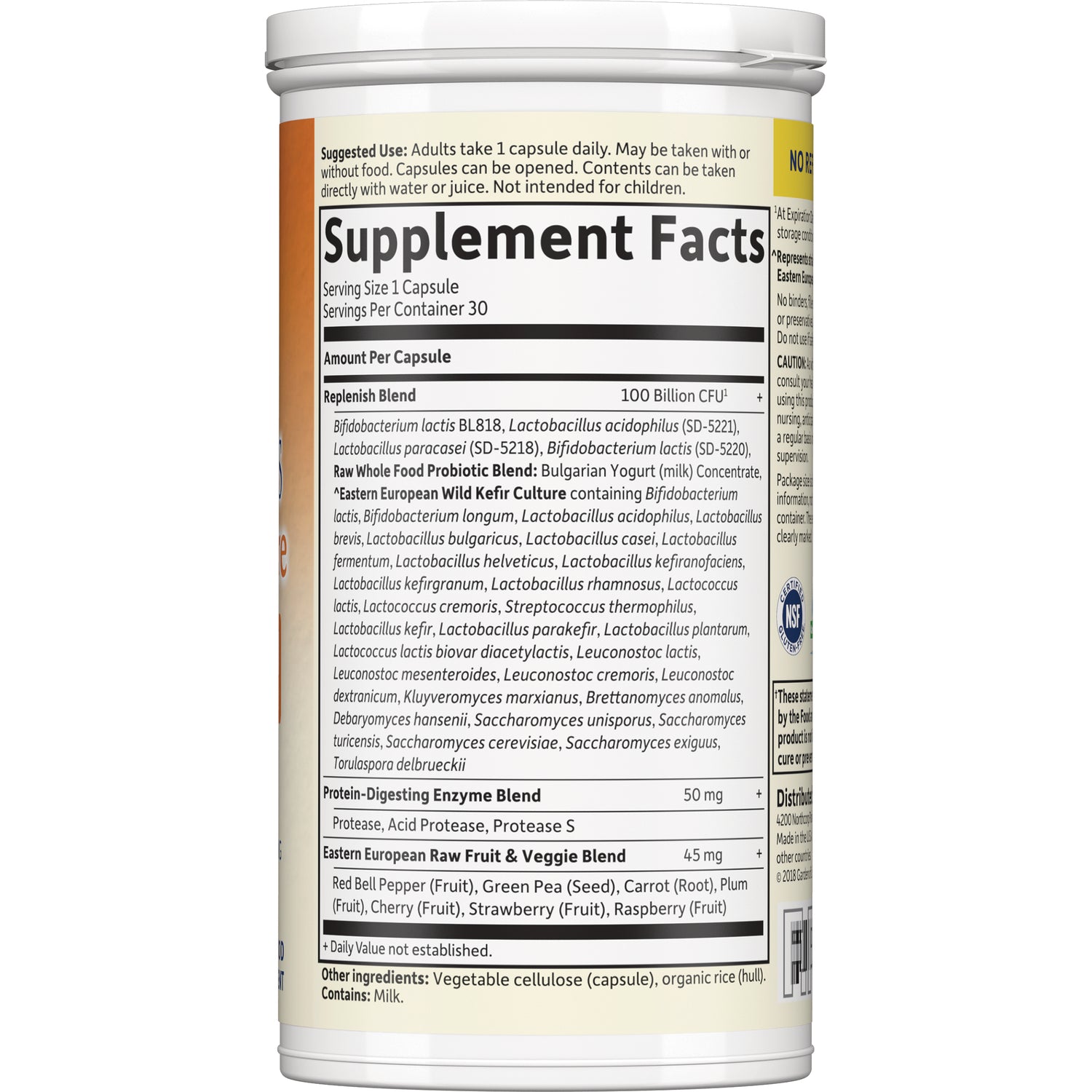 GLF364 | back label showing Supplement Facts panel with Replenish Blend, enzyme blend, fruit & veggie blend, serving size 1 capsule