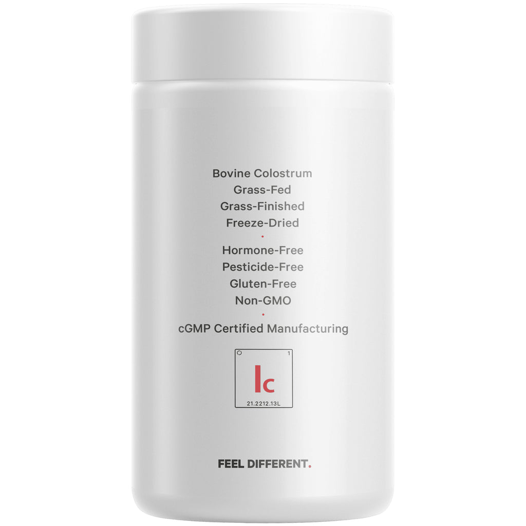 CDG018 | Back of white supplement jar listing Bovine Colostrum, grass-fed, hormone-free, cGMP certified manufacturing, FEEL DIFFERENT - Thumbnail