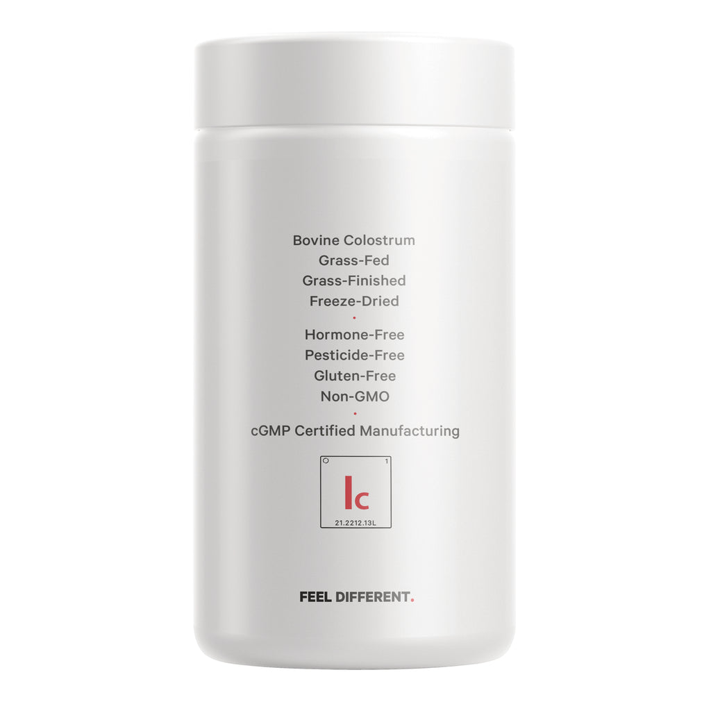 CDG018 | Back of white supplement jar listing Bovine Colostrum, grass-fed, hormone-free, cGMP certified manufacturing, FEEL DIFFERENT - Thumbnail