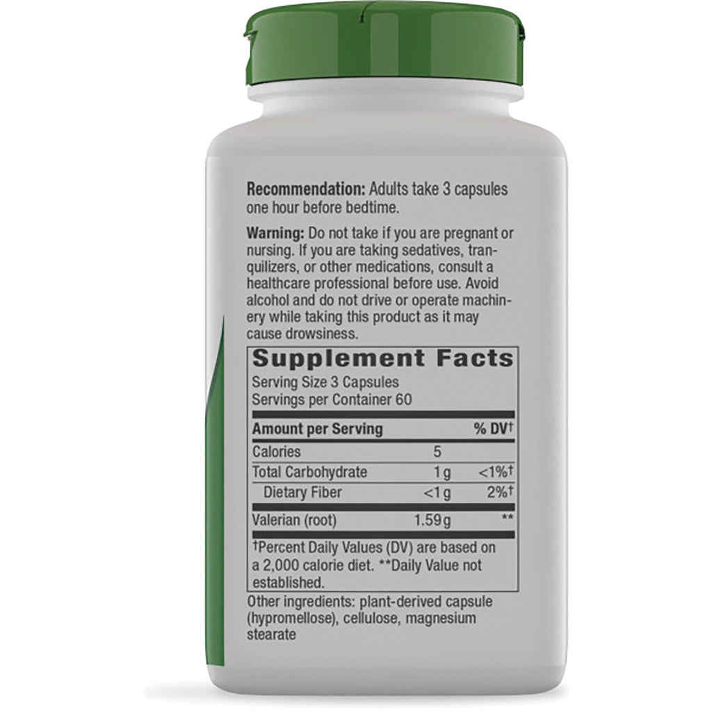 NW495 | Back of white supplement bottle showing recommendation and warning text and Supplement Facts panel with serving size 3 capsules and valerian root 1.59 g - Thumbnail