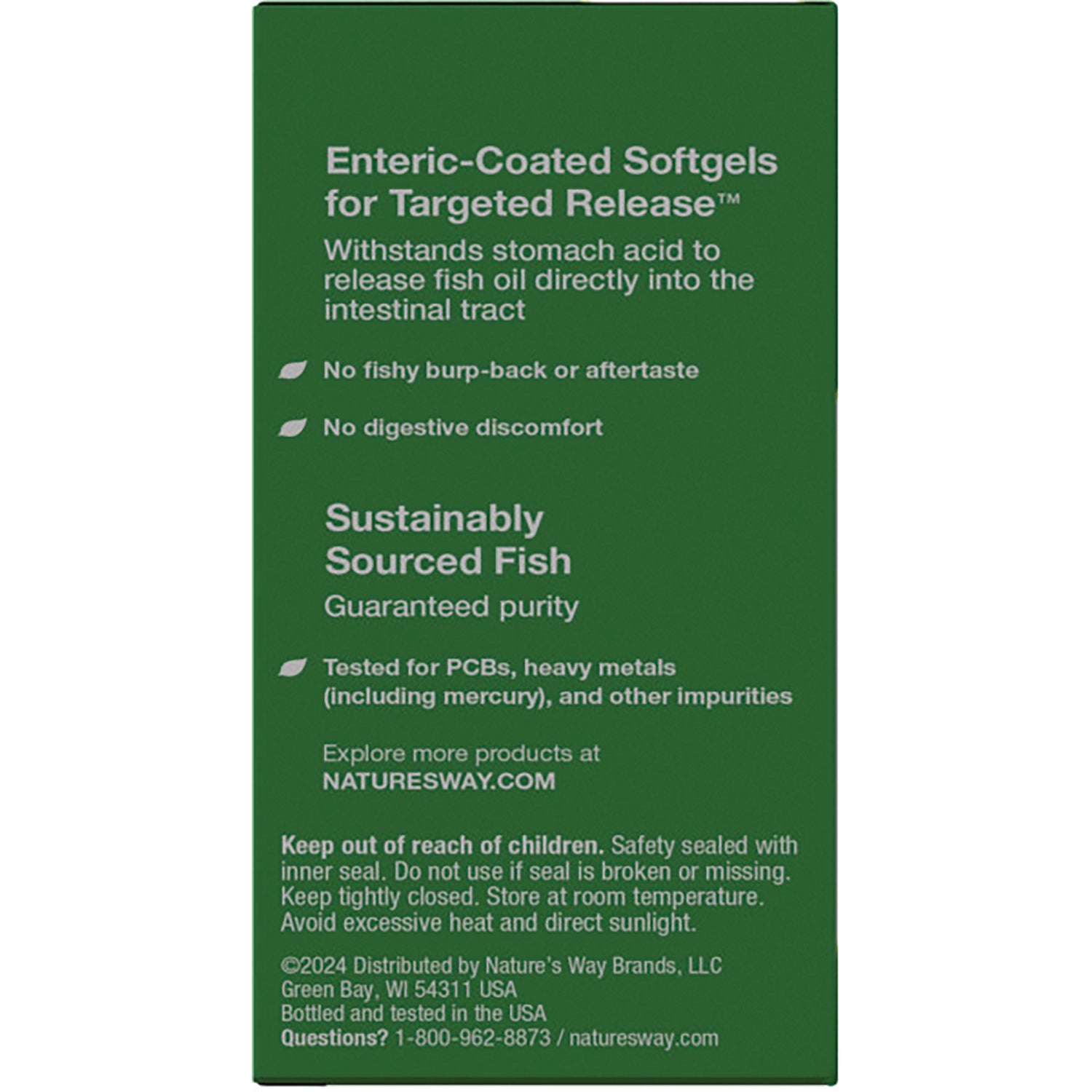 NW597 | green product info panel about enteric-coated softgels, sustainably sourced fish, testing, and storage warnings
