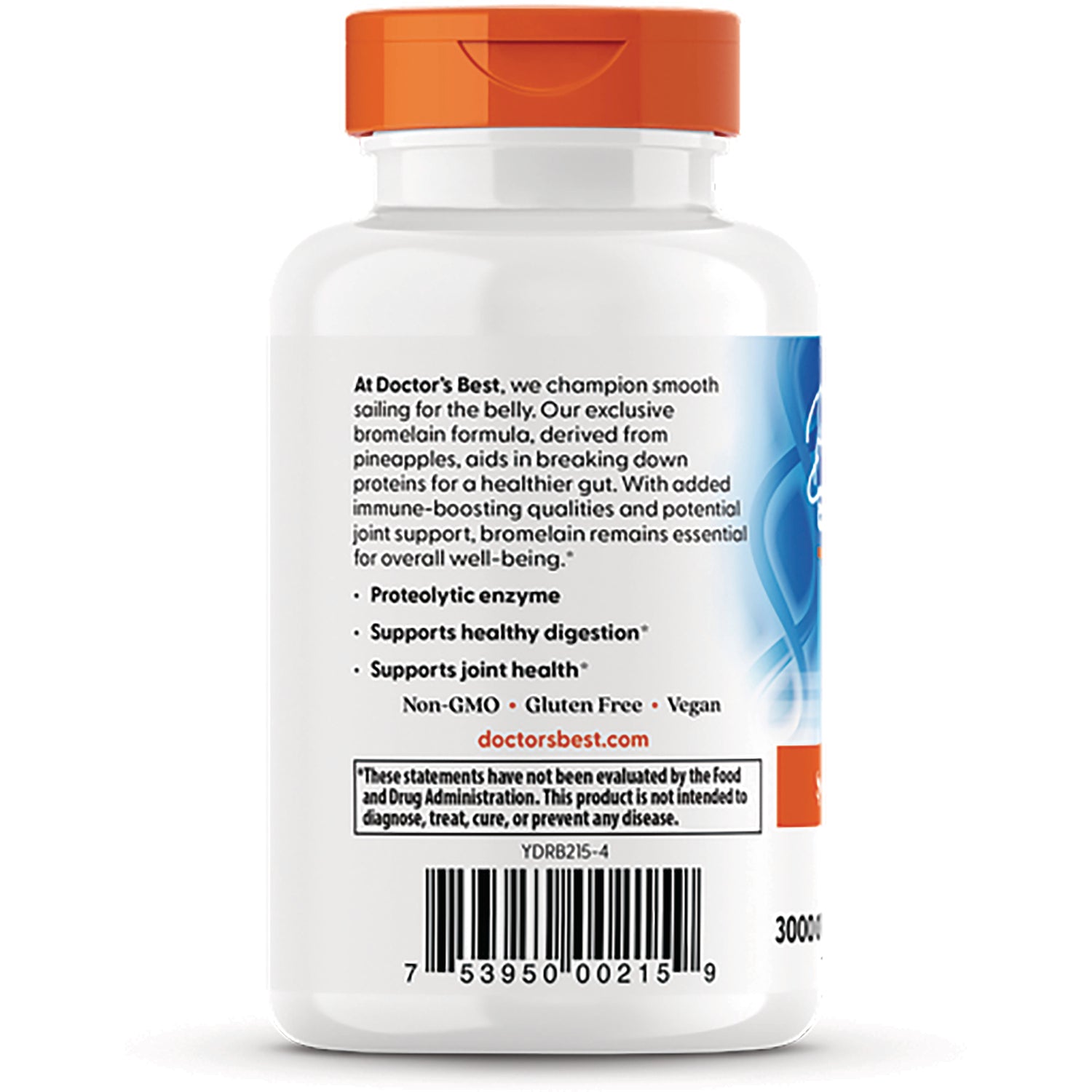 DB195 | back label of white supplement bottle showing benefits, bullet points, Non-GMO Gluten Free Vegan and barcode