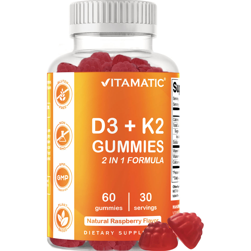 VAM022 | Vitamatic D3 + K2 Gummies bottle, 2 in 1 Formula, Natural Raspberry Flavor, 60 gummies, 30 servings - Thumbnail