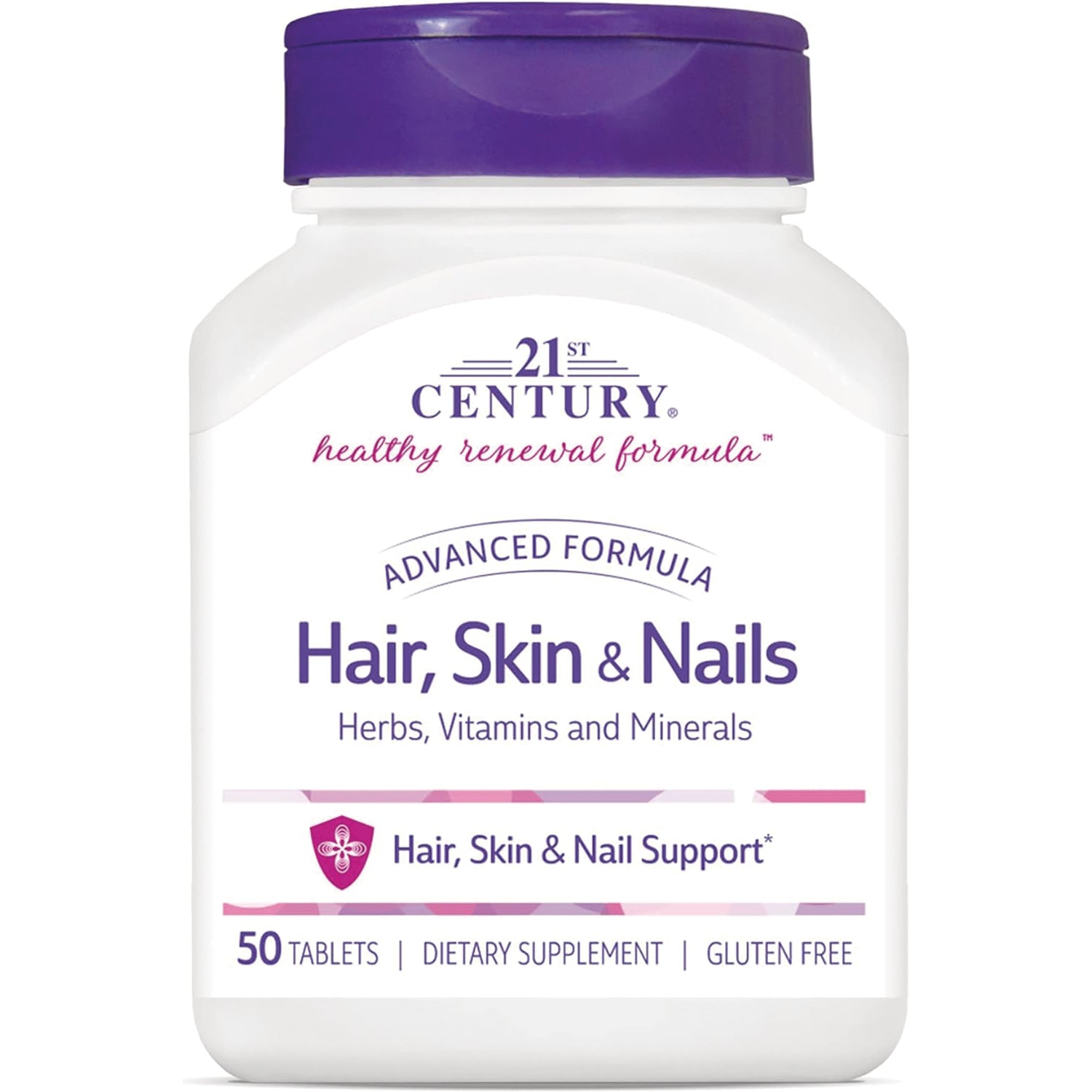 CNT081 | 21st Century Hair, Skin & Nails dietary supplement bottle front, white container with purple cap, 50 tablets