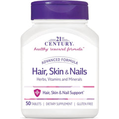 CNT081 | 21st Century Hair, Skin & Nails dietary supplement bottle front, white container with purple cap, 50 tablets