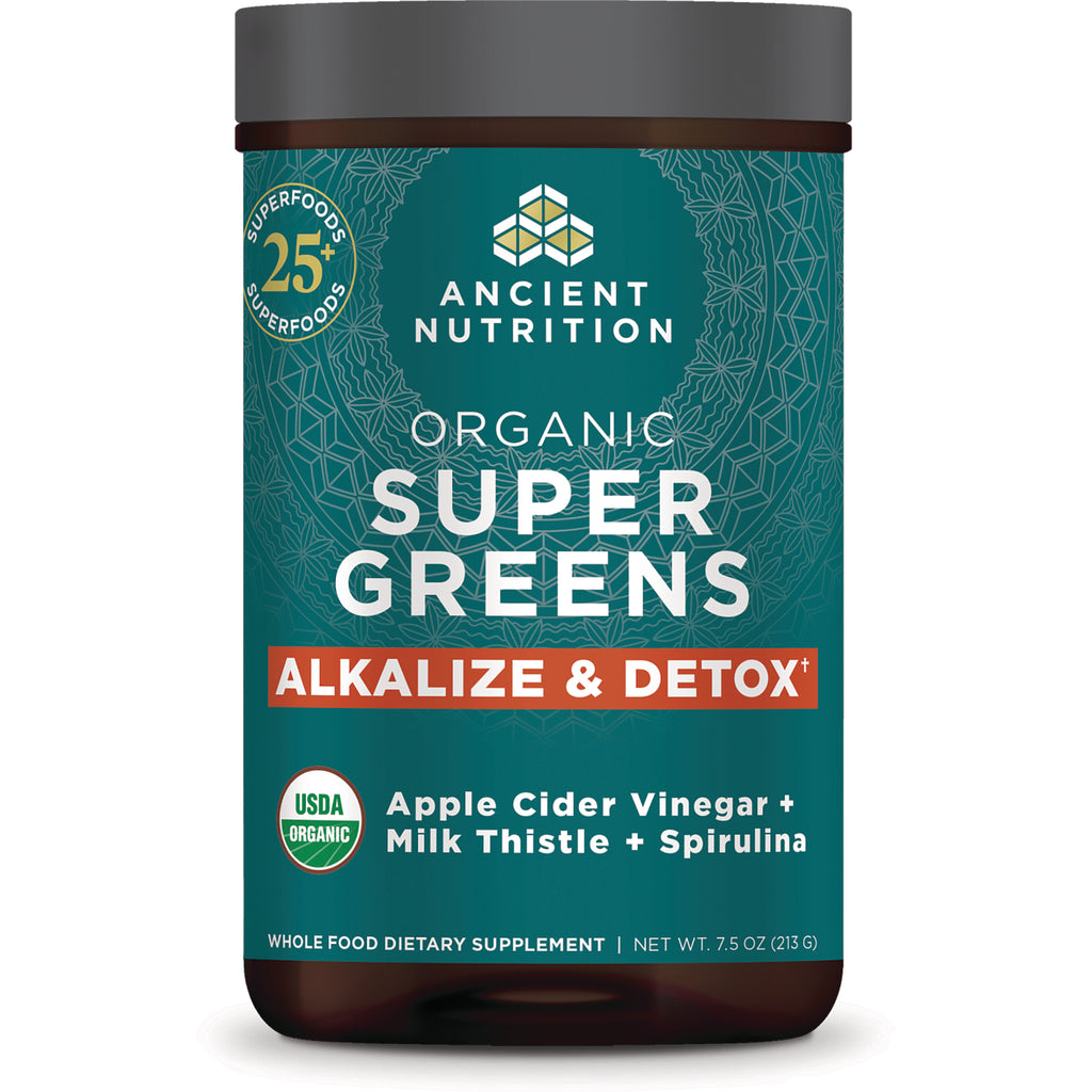 Ancient Nutrition Organic Super Greens jar labeled Alkalize & Detox with Apple Cider Vinegar Milk Thistle Spirulina - Thumbnail