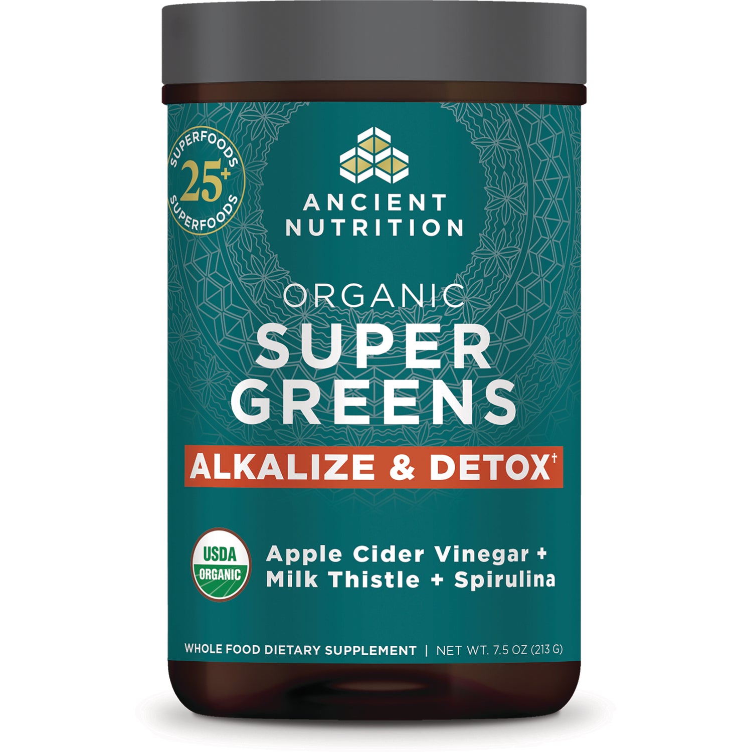 Ancient Nutrition Organic Super Greens jar labeled Alkalize & Detox with Apple Cider Vinegar Milk Thistle Spirulina
