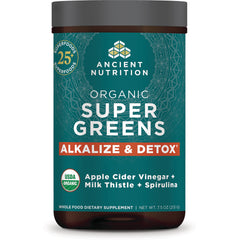 Ancient Nutrition Organic Super Greens jar labeled Alkalize & Detox with Apple Cider Vinegar Milk Thistle Spirulina