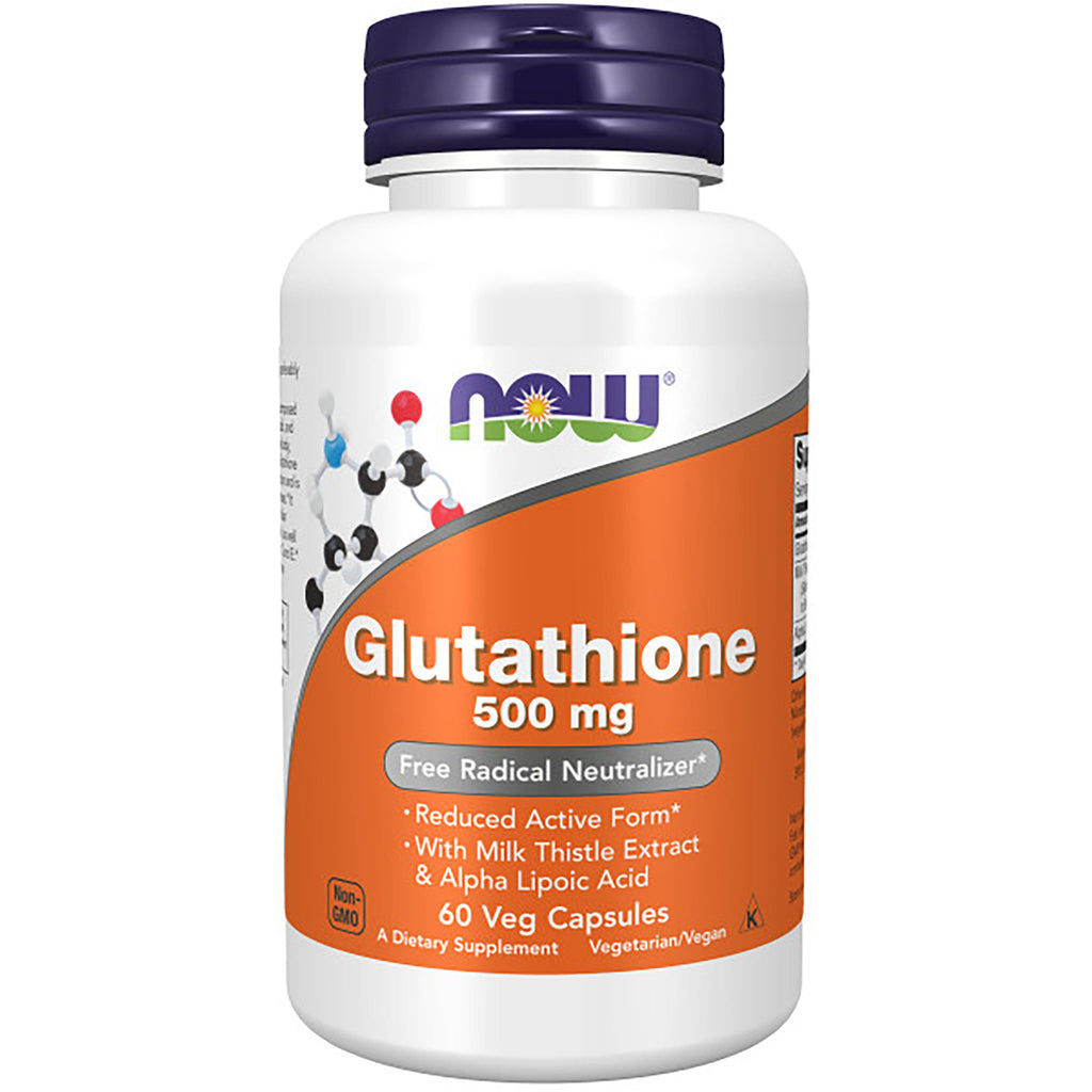 NWF173 | NOW Glutathione 500 mg supplement bottle with orange label, 60 veg capsules - Thumbnail