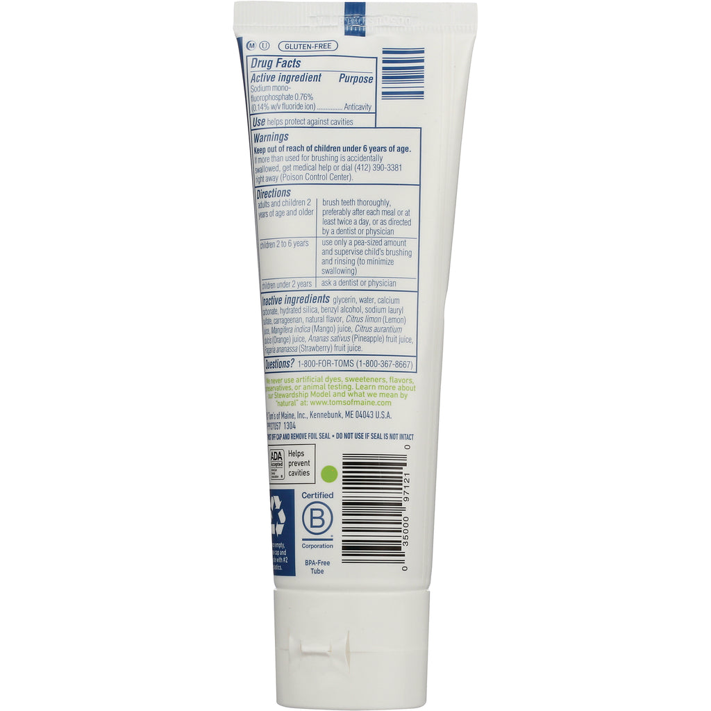 TSM096 | Back of toothpaste tube with Drug Facts, Gluten-Free label, ADA seal 'Helps prevent cavities' - Thumbnail