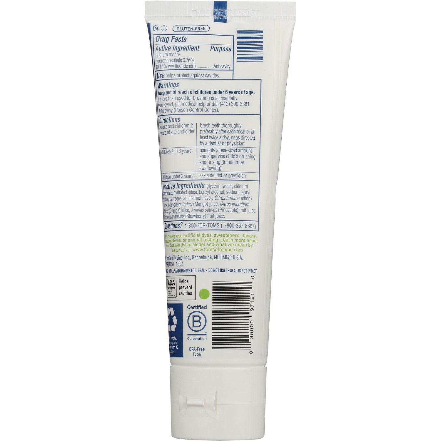 TSM096 | Back of toothpaste tube with Drug Facts, Gluten-Free label, ADA seal 'Helps prevent cavities'