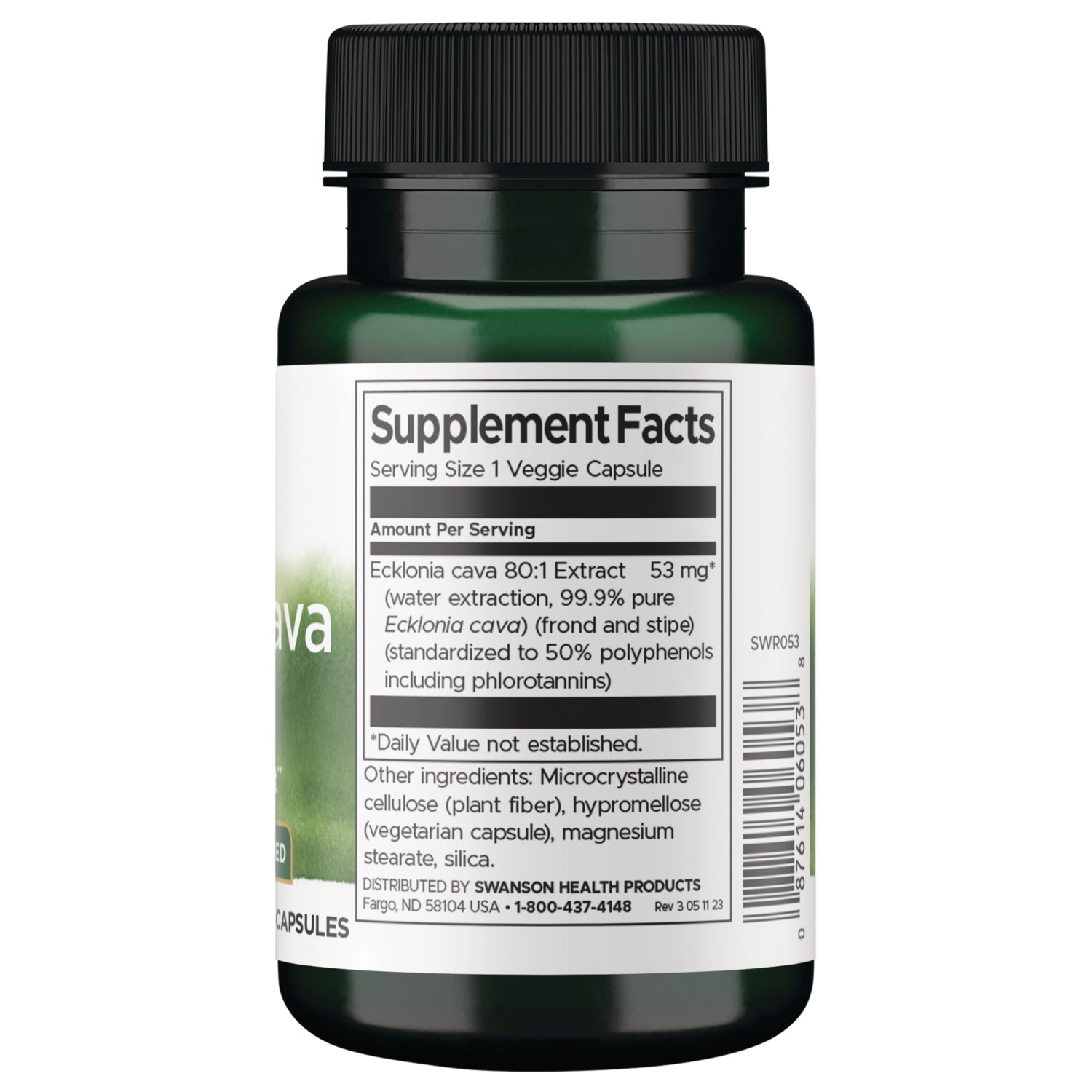 SWR053 | Back label with Supplement Facts for Ecklonia cava extract, serving size 1 veggie capsule