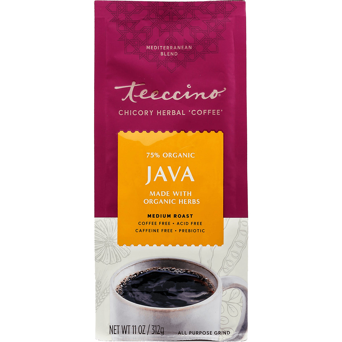 TCN005 | Teeccino Chicory Herbal Coffee Java, 75% organic, medium roast, coffee-free and caffeine-free, 11 oz bag