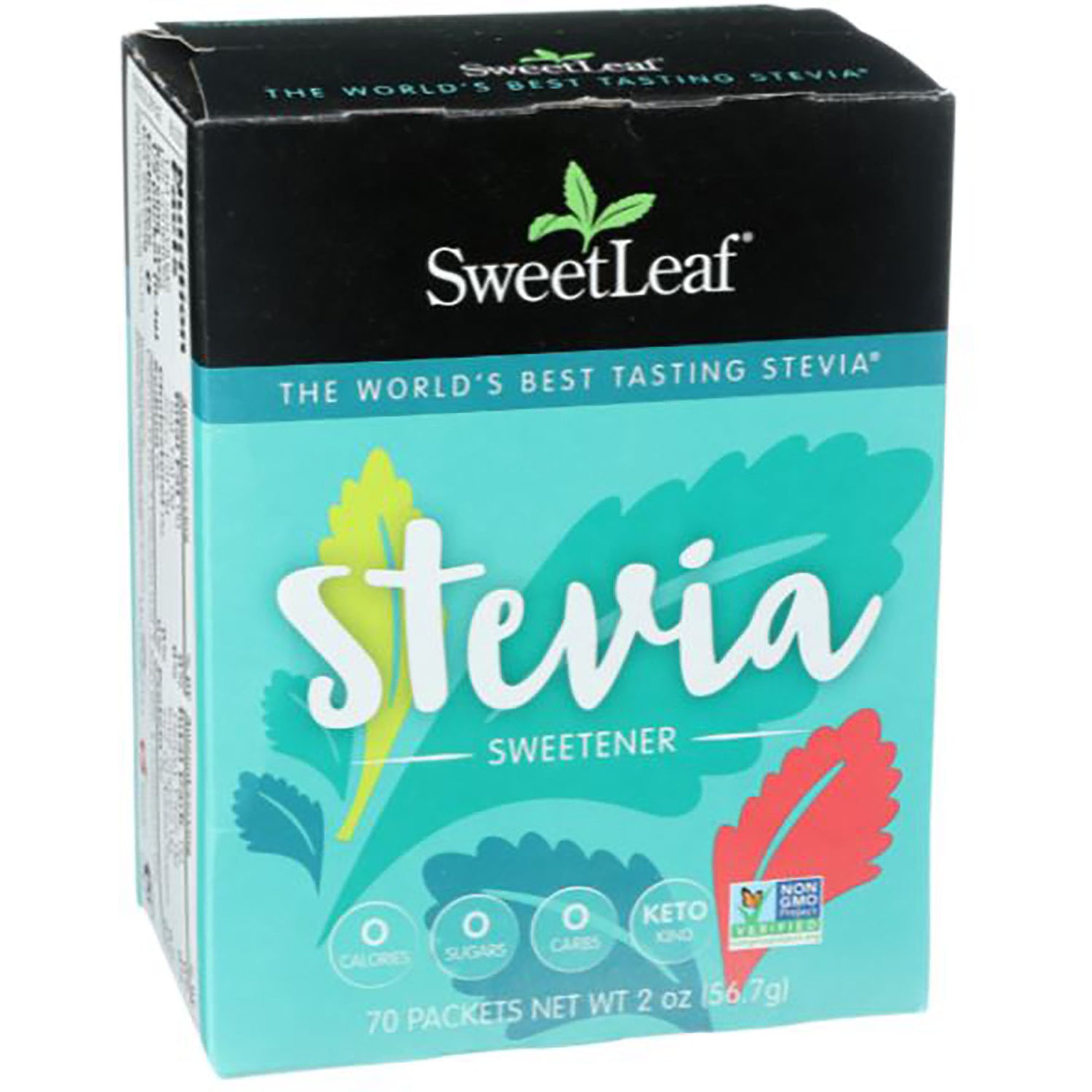 WA029 | SweetLeaf Stevia sweetener box, 70 packets, zero calories, sugars, carbs, Non-GMO Project Verified