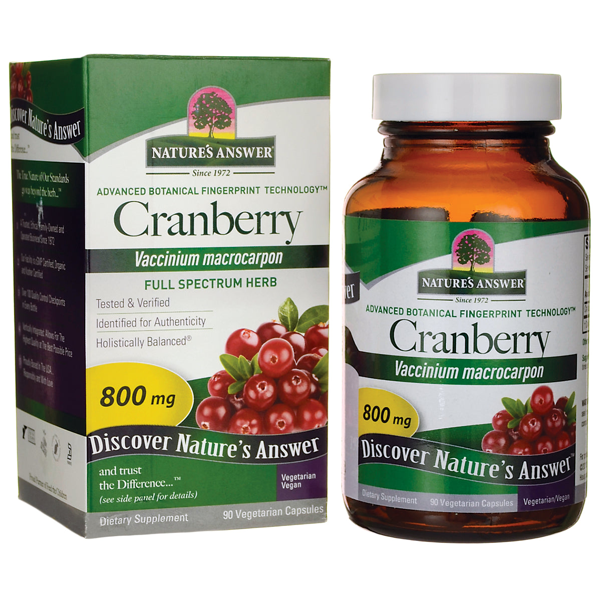 NAT022 | Nature's Answer Cranberry 800 mg supplement box and amber bottle, 90 vegetarian capsules